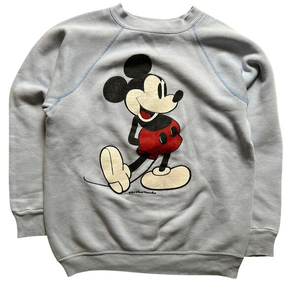 Vintage 70s Disney Blue Crew Sweatshirt Mickey Gusset S Disneyland RARE GRAIL